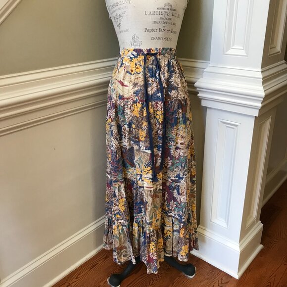 The Great Pastoral Tiered Maxi Skirt Womens 2 Small Blue Yellow Canopy Leaf - Picture 4 of 14